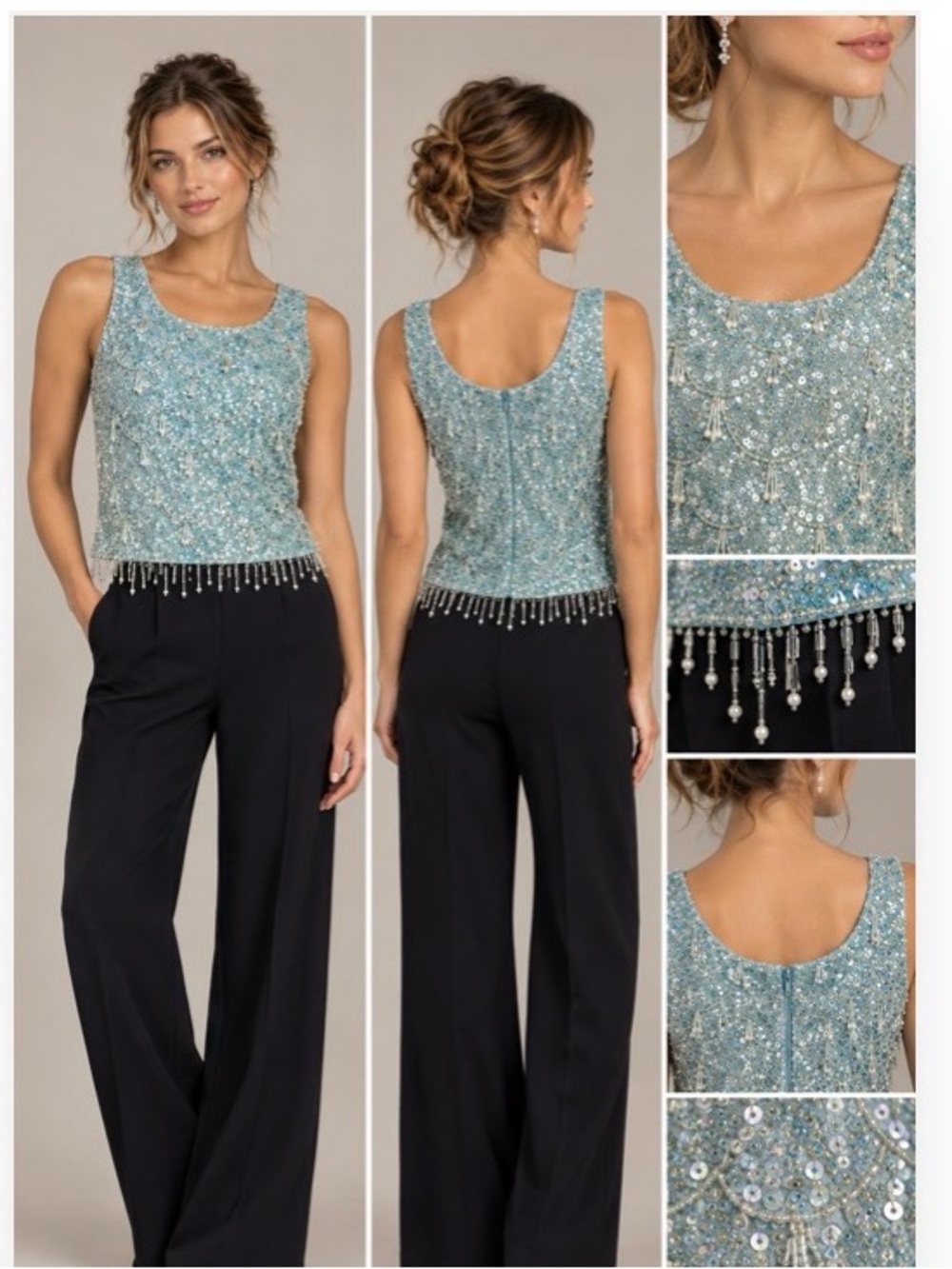 NEW Aqua Blue Beaded & Sequin Fringe Top Artisan sleeveless designer Vintage